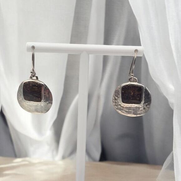 Silpada Signed Sterling Sliver Hammered Bronzite Dangle Wire Earrings - Picture 2 of 5